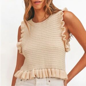 Crochet Sleeveless Sweater with Ruffle Hem and Sleeves in Cream